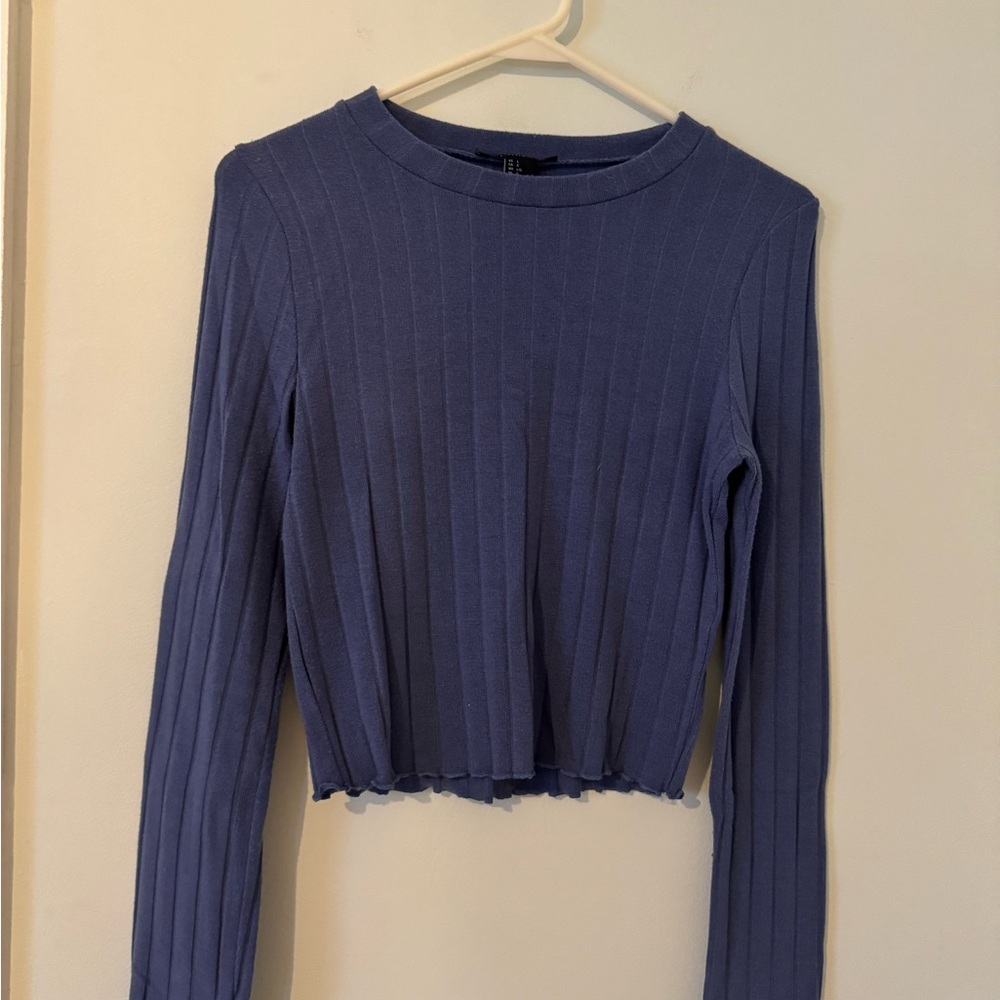 Blue Ribbed Long Sleeve Top